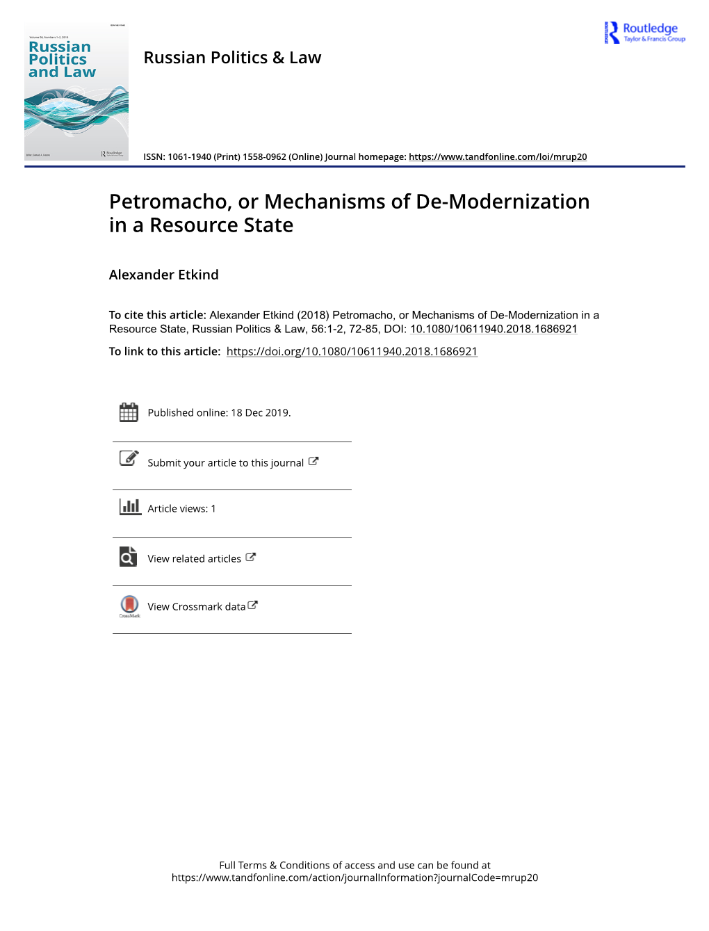 Petromacho, Or Mechanisms of De-Modernization in a Resource State