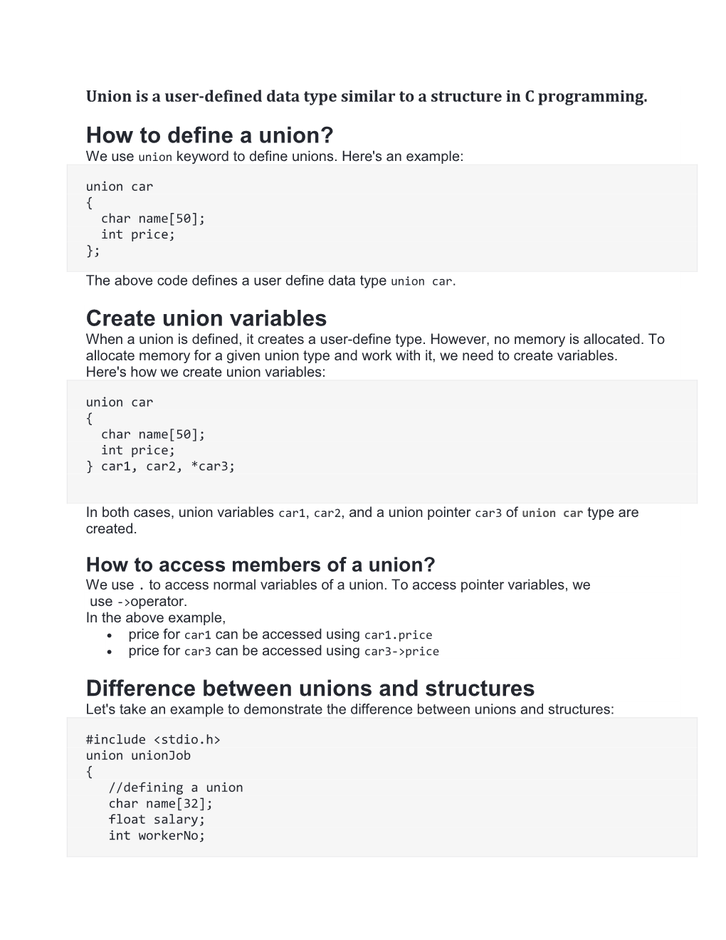 Create Union Variables Difference Between Unions and Structures