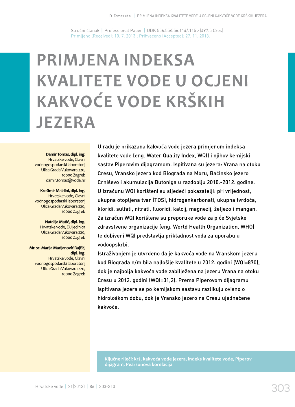 Primjena Indeksa Kvalitete Vode U Ocjeni Kakvoće Vode Krških Jezera