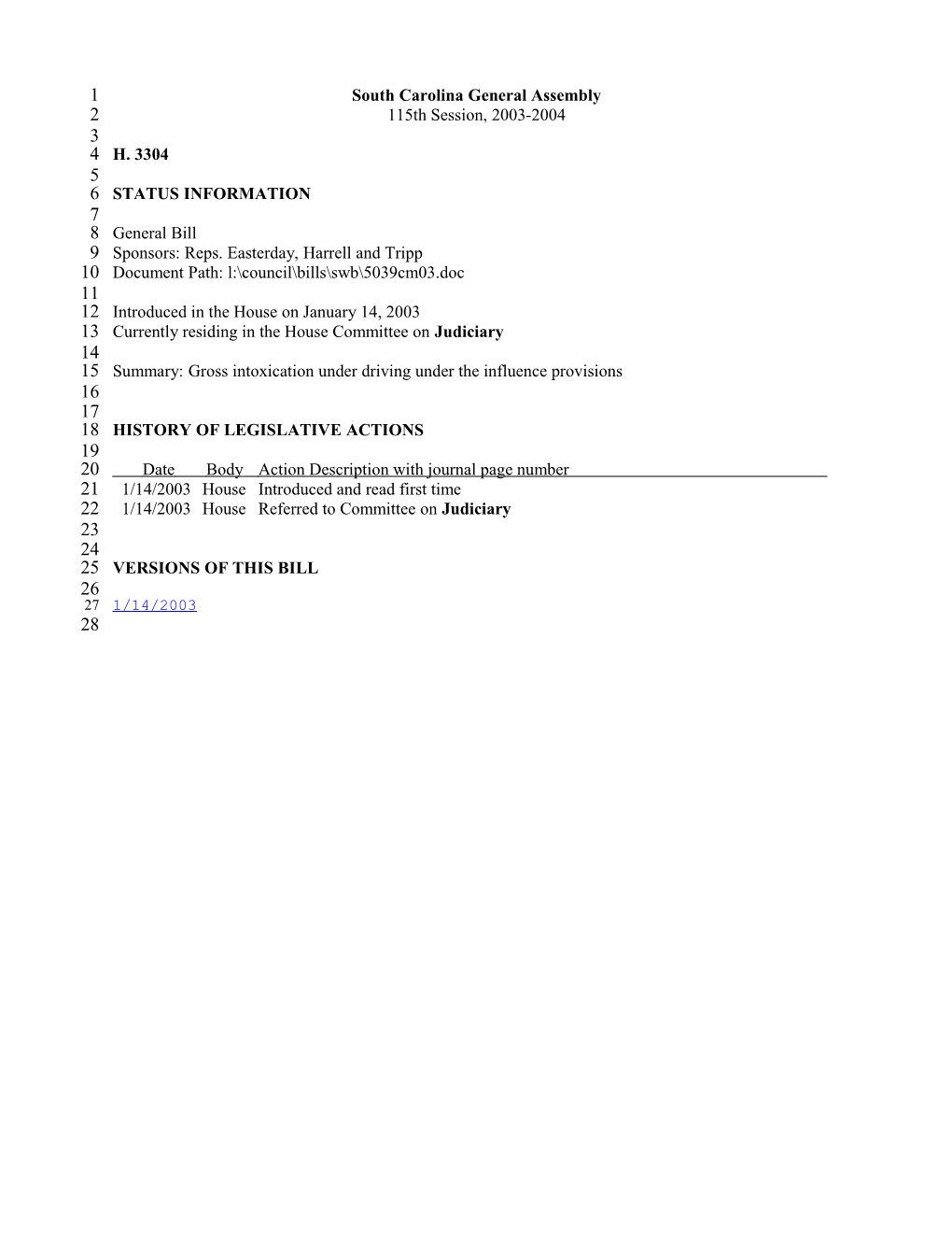 2003-2004 Bill 3304: Gross Intoxication Under Driving Under the Influence Provisions