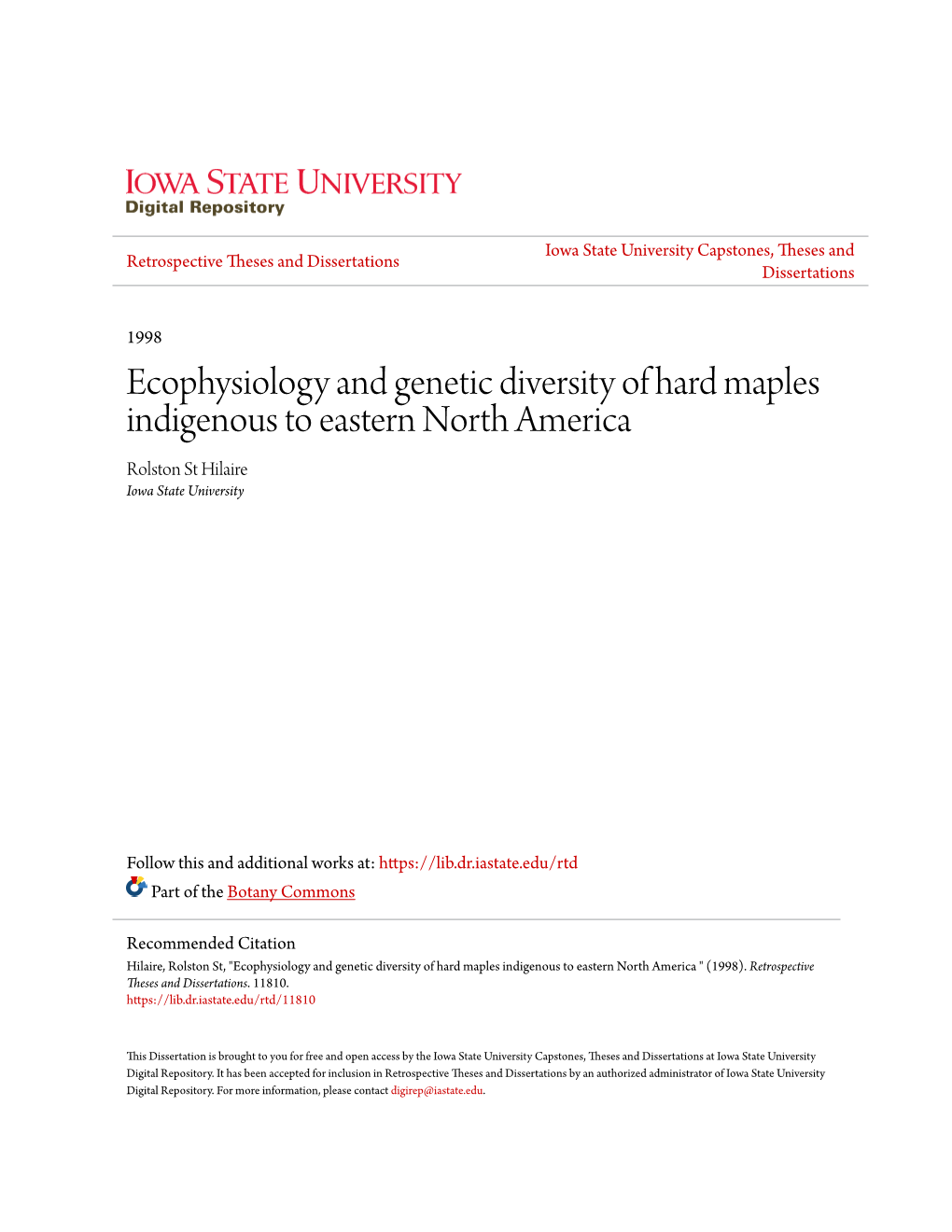 Ecophysiology and Genetic Diversity of Hard Maples Indigenous to Eastern North America Rolston St Hilaire Iowa State University