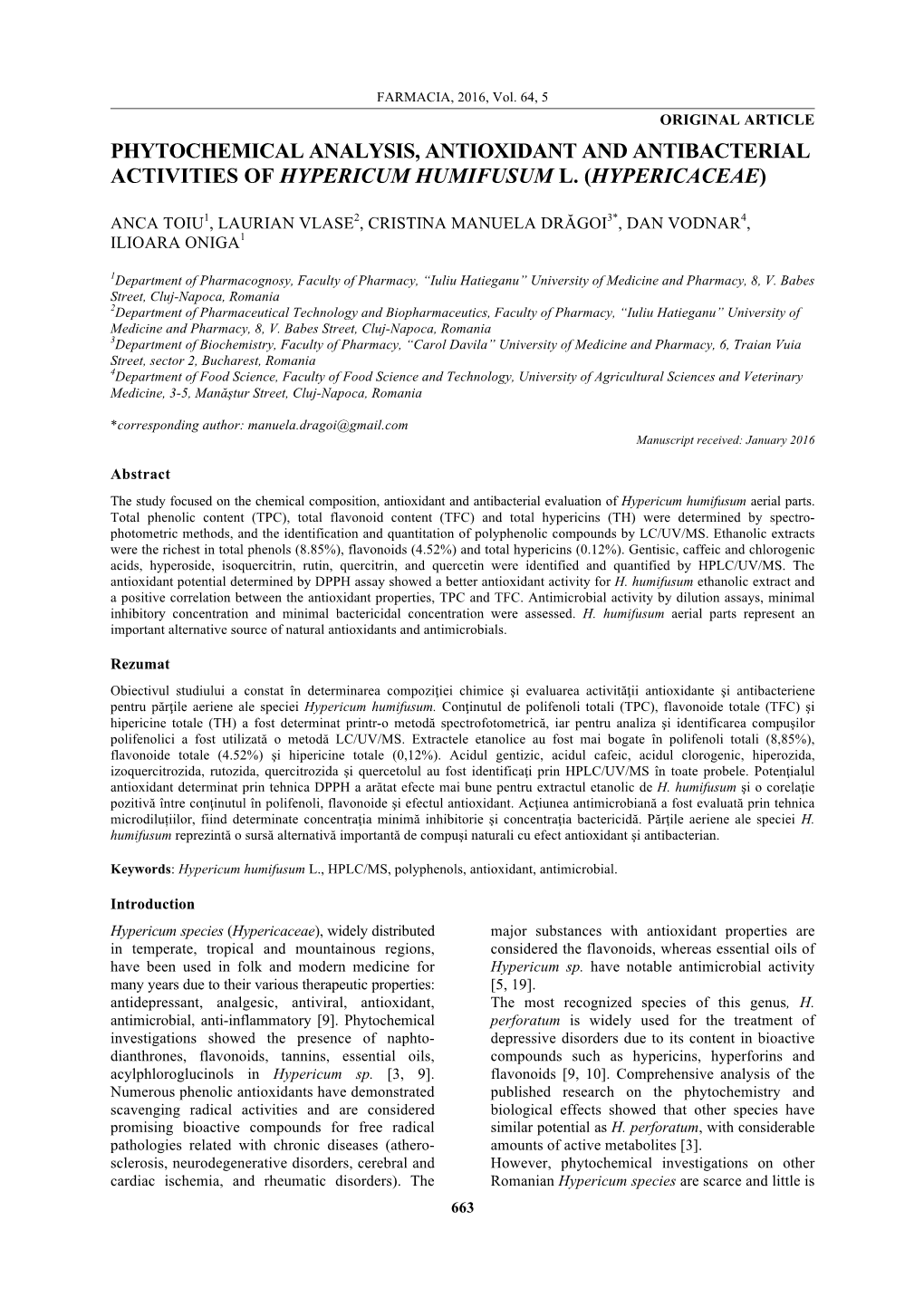 Phytochemical Analysis, Antioxidant and Antibacterial Activities of Hypericum Humifusum L