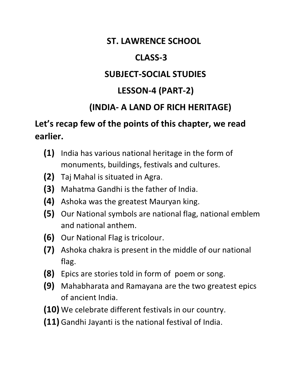 PART-2) (INDIA- a LAND of RICH HERITAGE) Let’S Recap Few of the Points of This Chapter, We Read Earlier