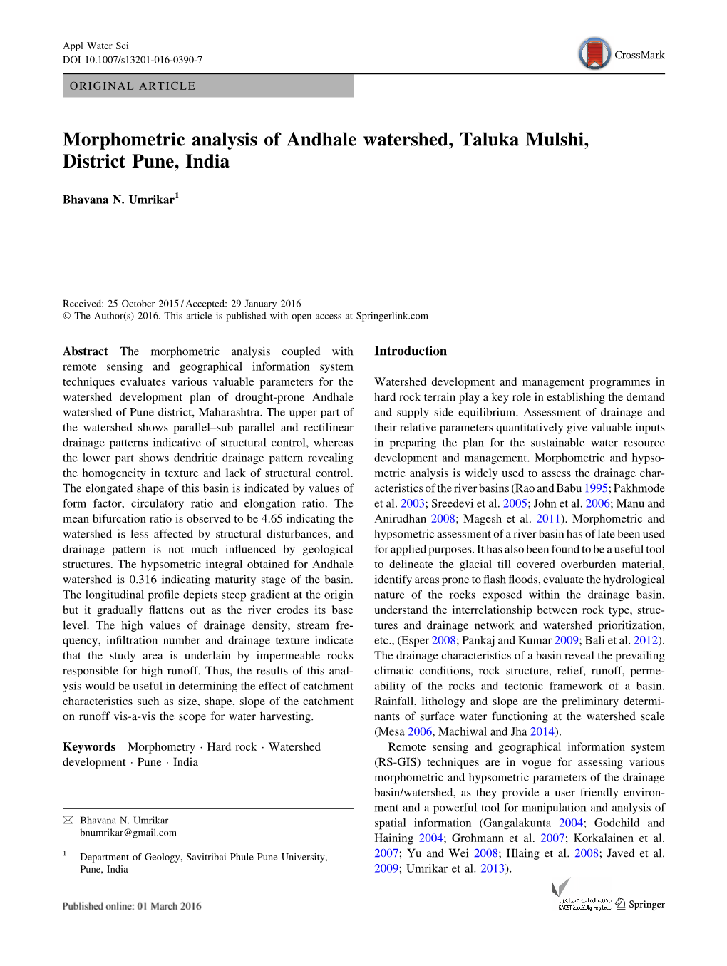Morphometric Analysis of Andhale Watershed, Taluka Mulshi, District Pune, India