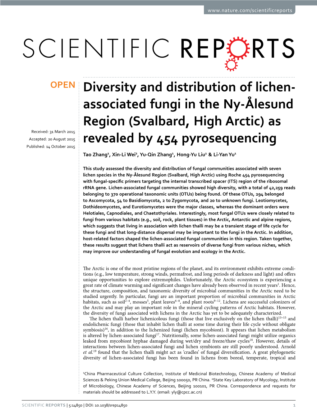 Diversity and Distribution of Lichen-Associated Fungi in the Ny-Ålesund Region (Svalbard, High Arctic) As Revealed by 454 Pyrosequencing