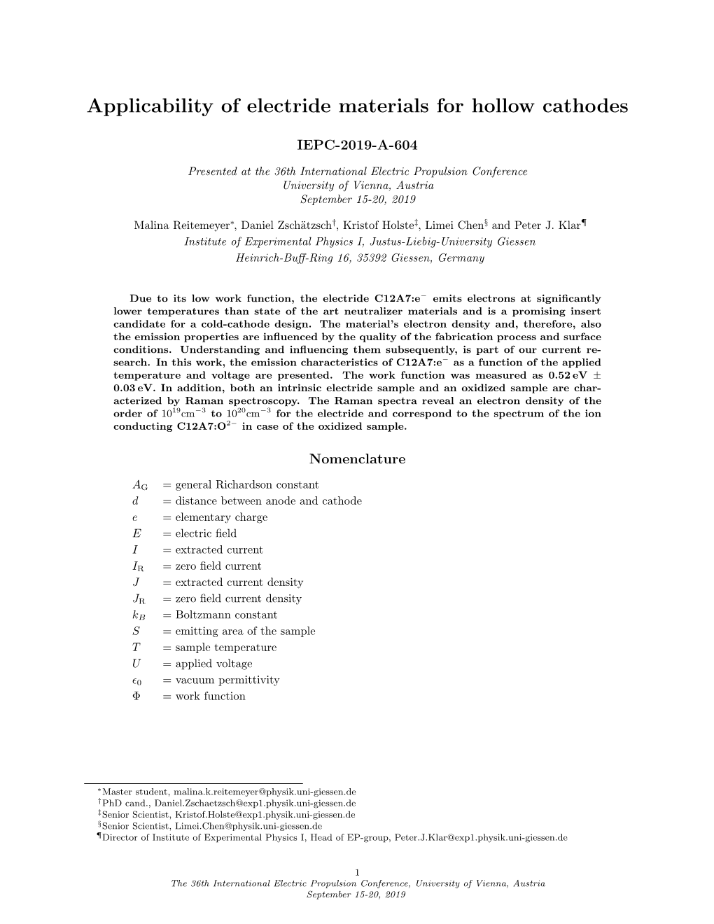 Applicability of Electride Materials for Hollow Cathodes