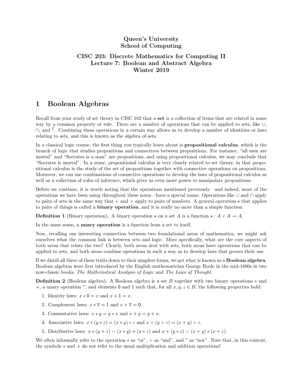 Boolean and Abstract Algebra Winter 2019