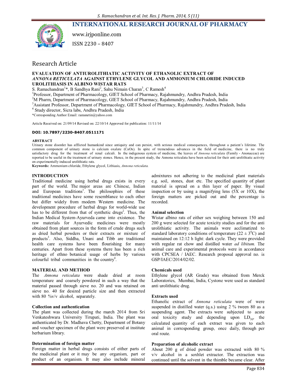 Evaluation of Antiurolithiatic Activity of Ethanolic Extract of Annona