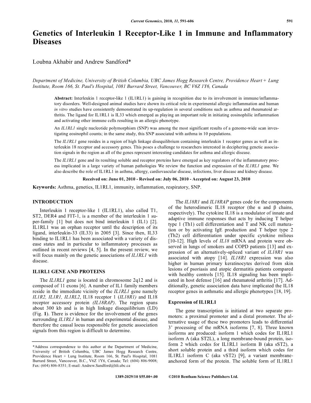 Genetics of Interleukin 1 Receptor-Like 1 in Immune and Inflammatory Diseases