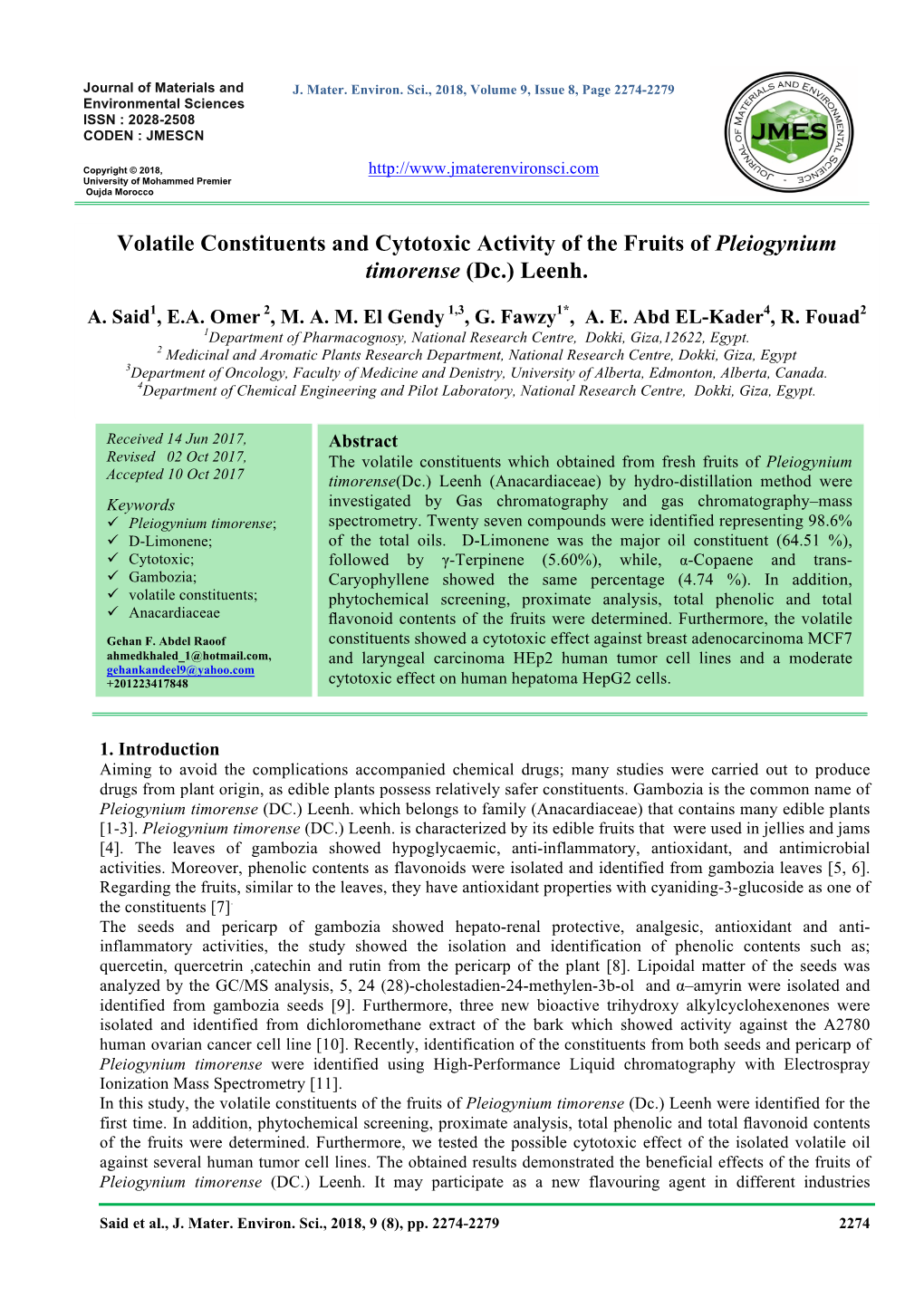 Volatile Constituents and Cytotoxic Activity of the Fruits of Pleiogynium Timorense (Dc.) Leenh