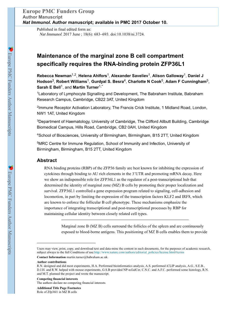 Maintenance of the Marginal Zone B Cell Compartment Specifically Requires the RNA-Binding Protein ZFP36L1