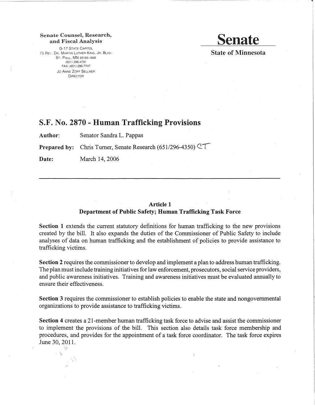 S.F. No. 2870 .. Human Trafficking Provisions Author: Senator Sandra L