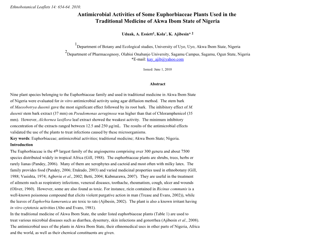 Antimicrobial Activities of Some Euphorbiaceae Plants Used in the Traditional Medicine of Akwa Ibom State of Nigeria