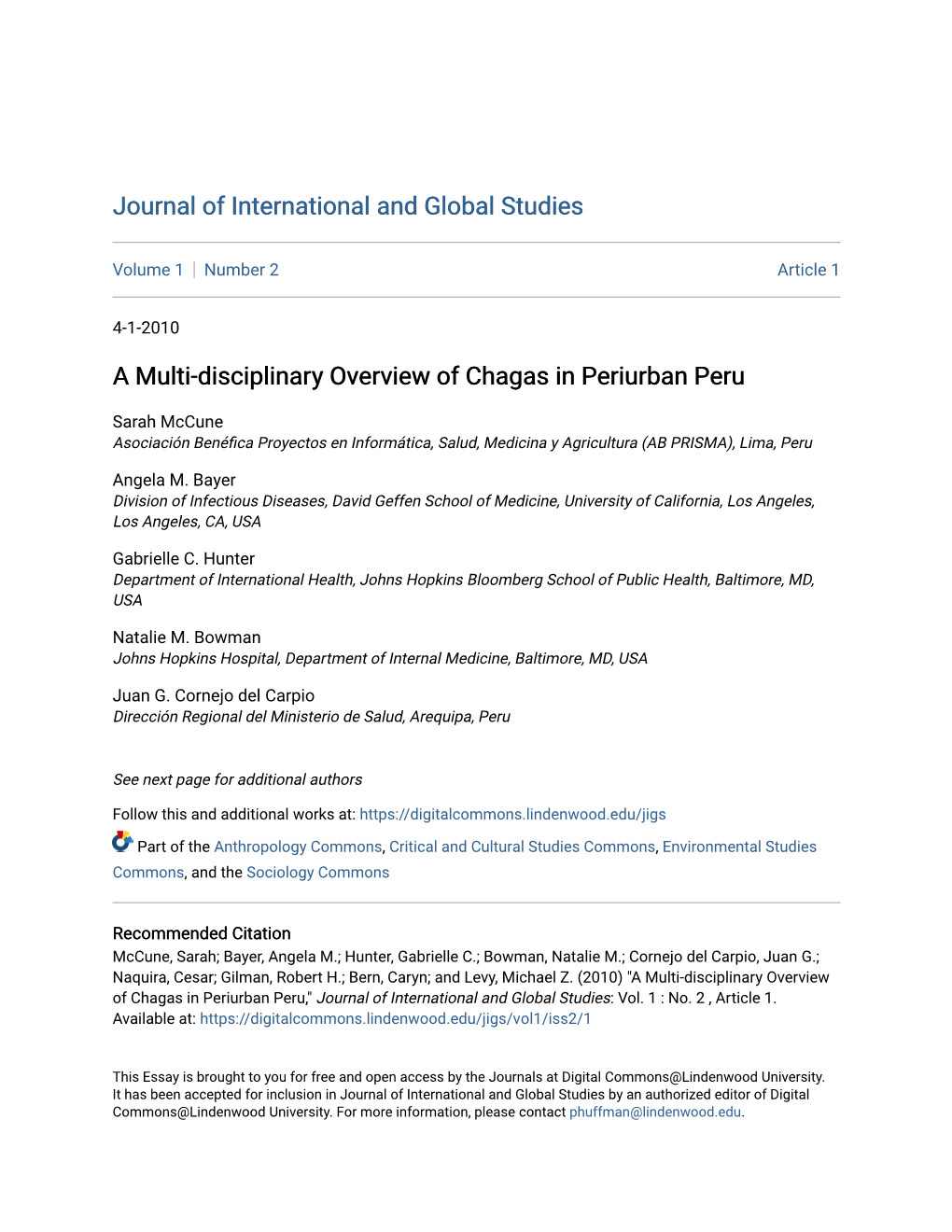 A Multi-Disciplinary Overview of Chagas in Periurban Peru