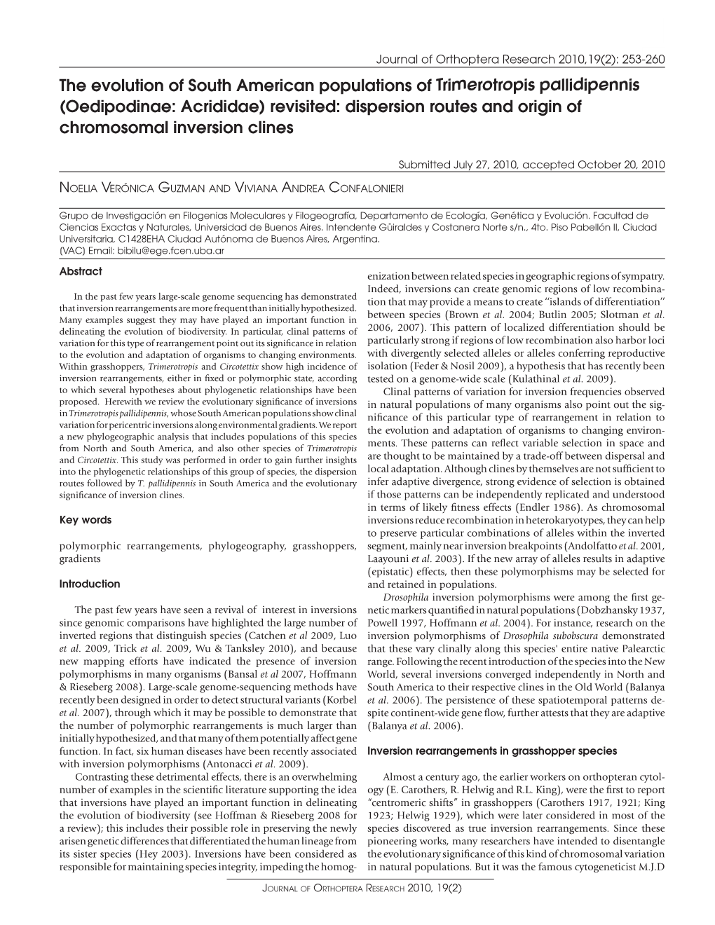 The Evolution of South American Populations of Trimerotropis Pallidipennis (Oedipodinae: Acrididae) Revisited: Dispersion Routes