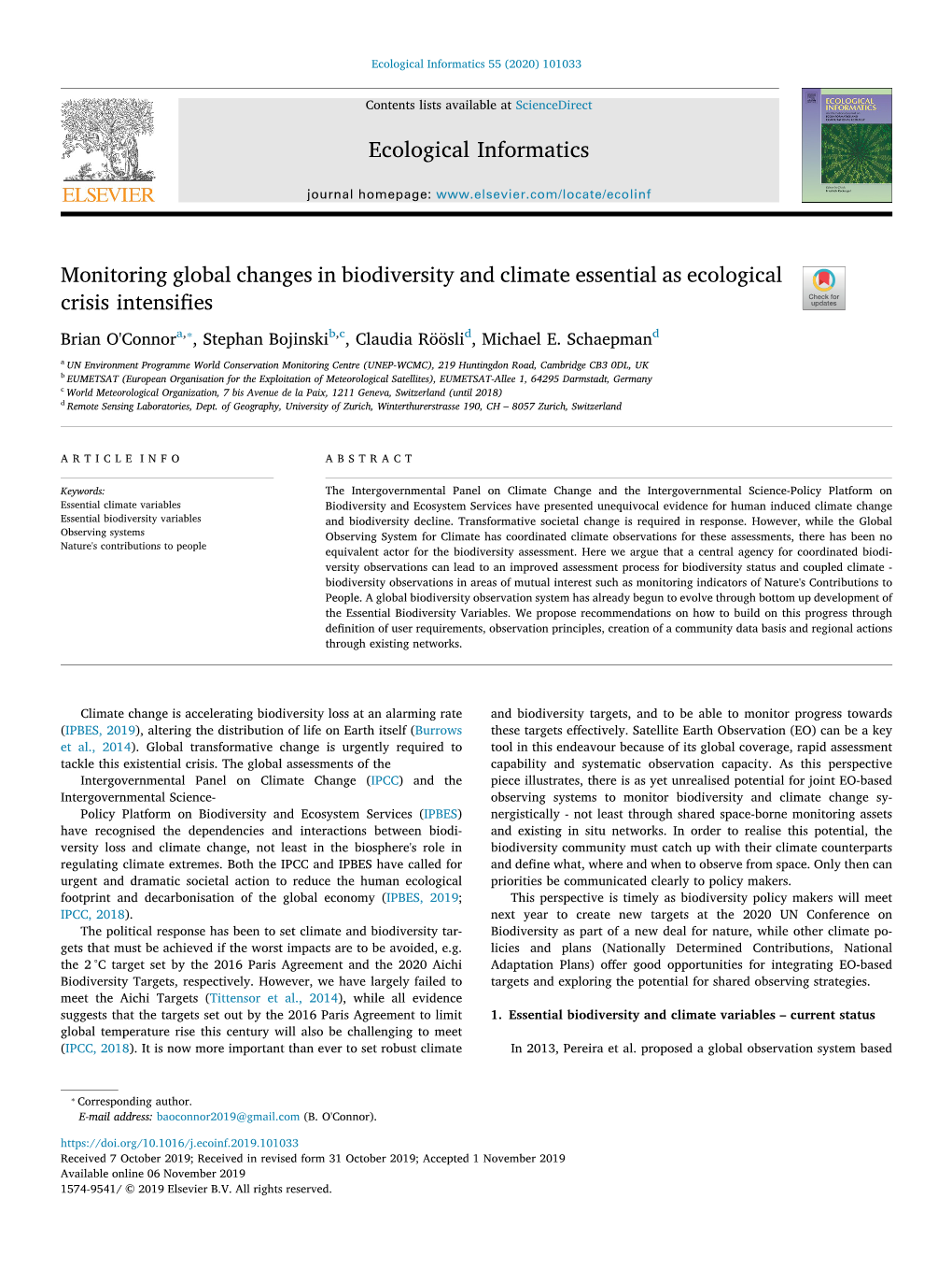 Monitoring Global Changes in Biodiversity and Climate Essential