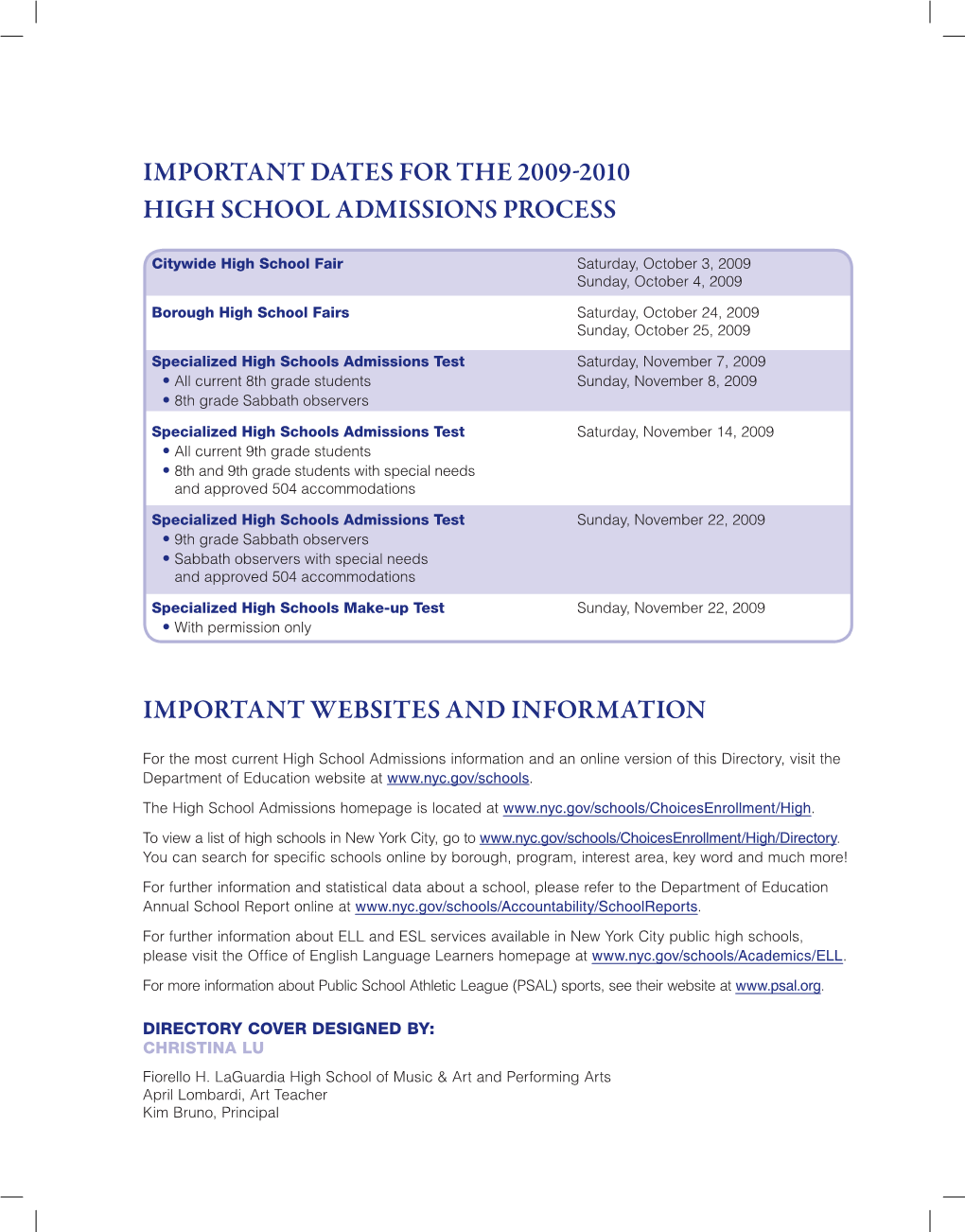 Important Dates for the 2009-2010 High School Admissions Process