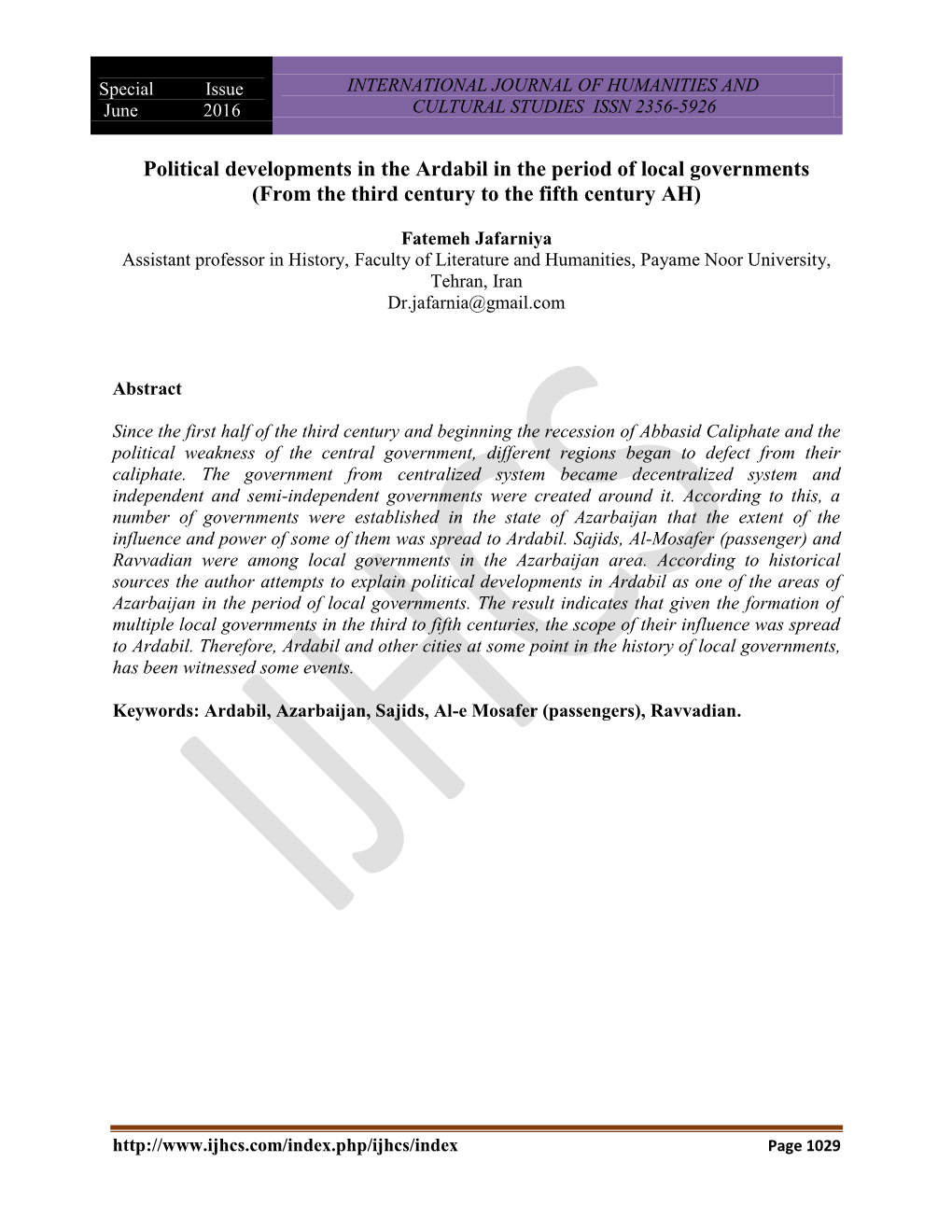 Political Developments in the Ardabil in the Period of Local Governments (From the Third Century to the Fifth Century AH)