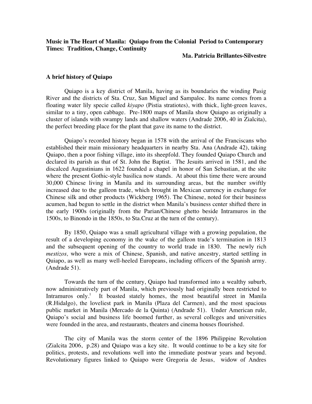 Music in the Heart of Manila: Quiapo from the Colonial Period to Contemporary Times: Tradition, Change, Continuity Ma