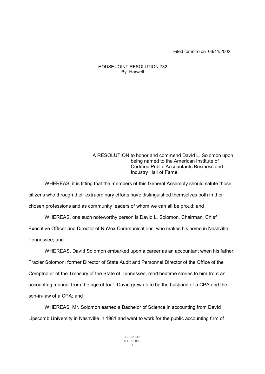 A RESOLUTION to Honor and Commend David L. Solomon Upon Being Named to the American Institute of Certified Public Accountants Business and Industry Hall of Fame