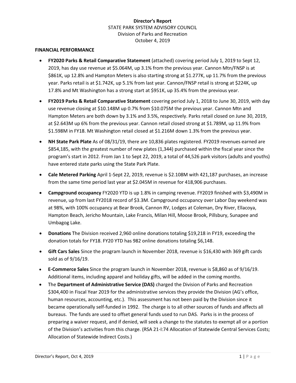 State Park Director's Report (10/04/19)