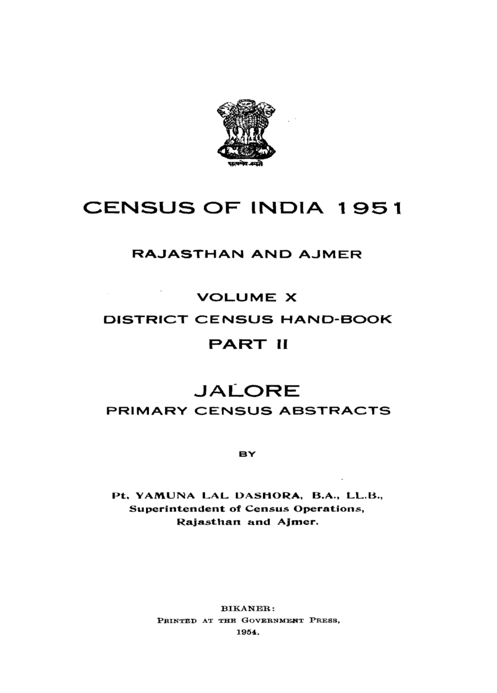 District Census Handbook, Jalore, Part II, Vol-X, Rajasthan and Ajmer