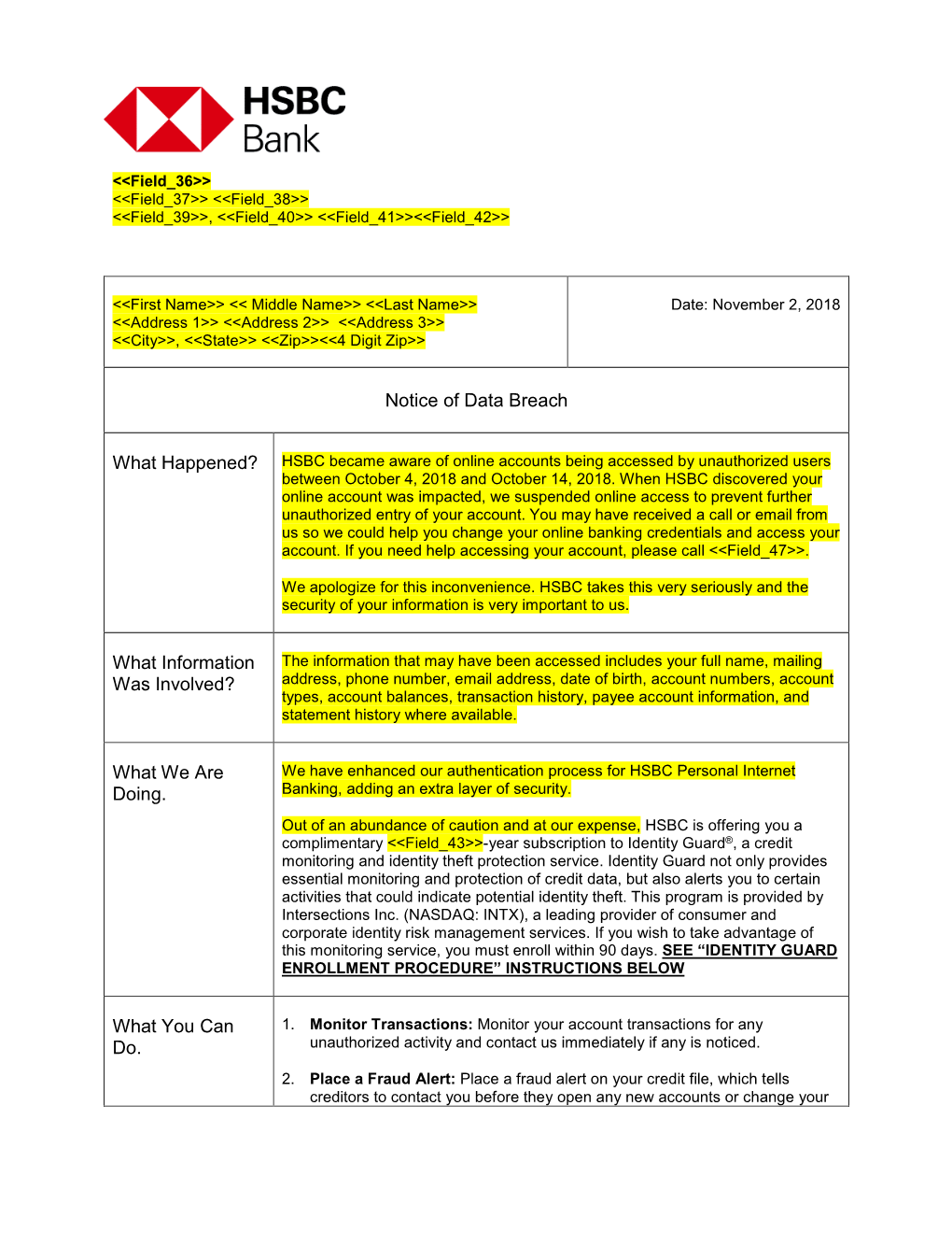 HSBC Became Aware of Online Accounts Being Accessed by Unauthorized Users Between October 4, 2018 and October 14, 2018