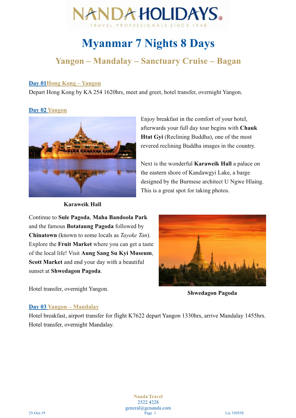 Myanmar 7 Nights 8 Days Yangon – Mandalay – Sanctuary Cruise – Bagan