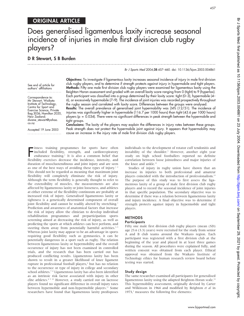 Does Generalised Ligamentous Laxity Increase Seasonal Incidence of Injuries in Male First Division Club Rugby Players? D R Stewart, S B Burden