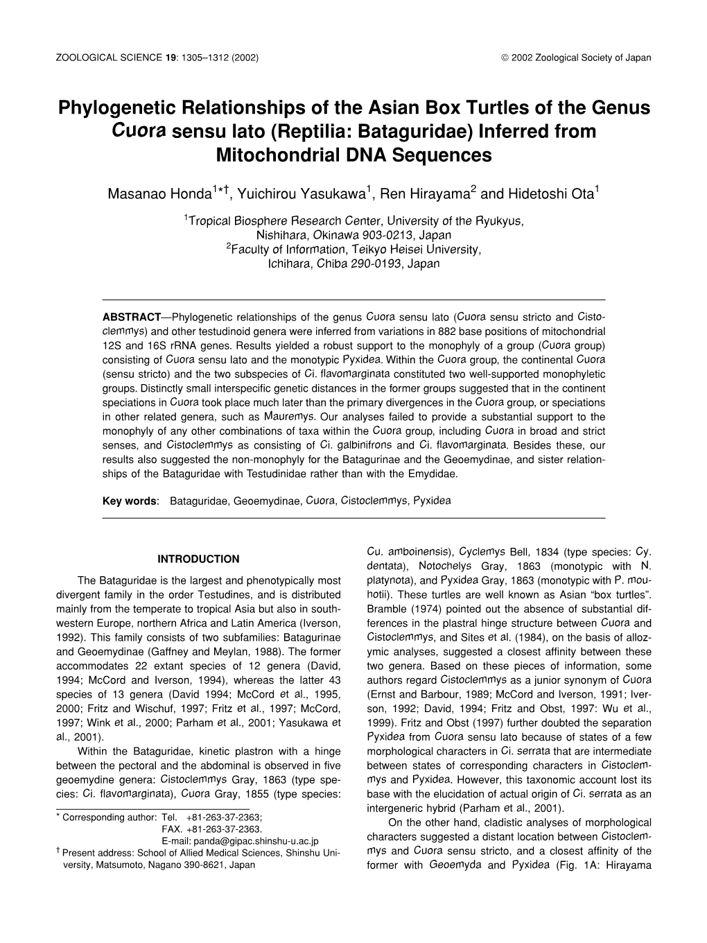 Phylogenetic Relationships of the Asian Box Turtles of the Genus Cuora Sensu Lato (Reptilia: Bataguridae) Inferred from Mitochondrial DNA Sequences