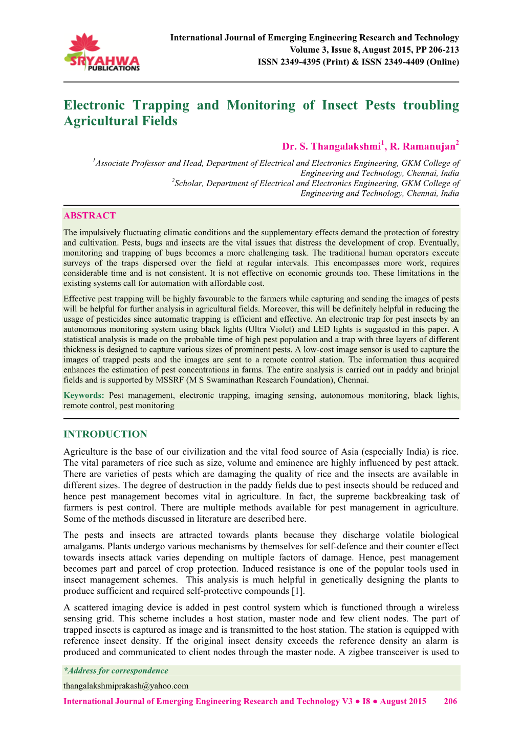 Electronic Trapping and Monitoring of Insect Pests Troubling Agricultural Fields