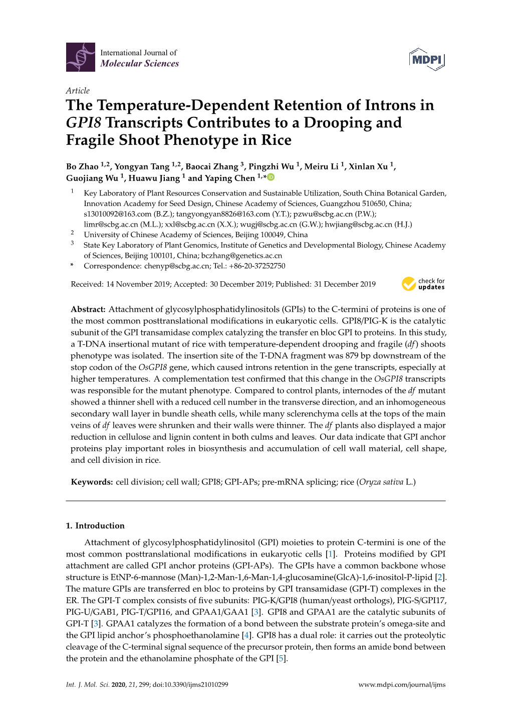 The Temperature-Dependent Retention of Introns in GPI8 Transcripts Contributes to a Drooping and Fragile Shoot Phenotype in Rice