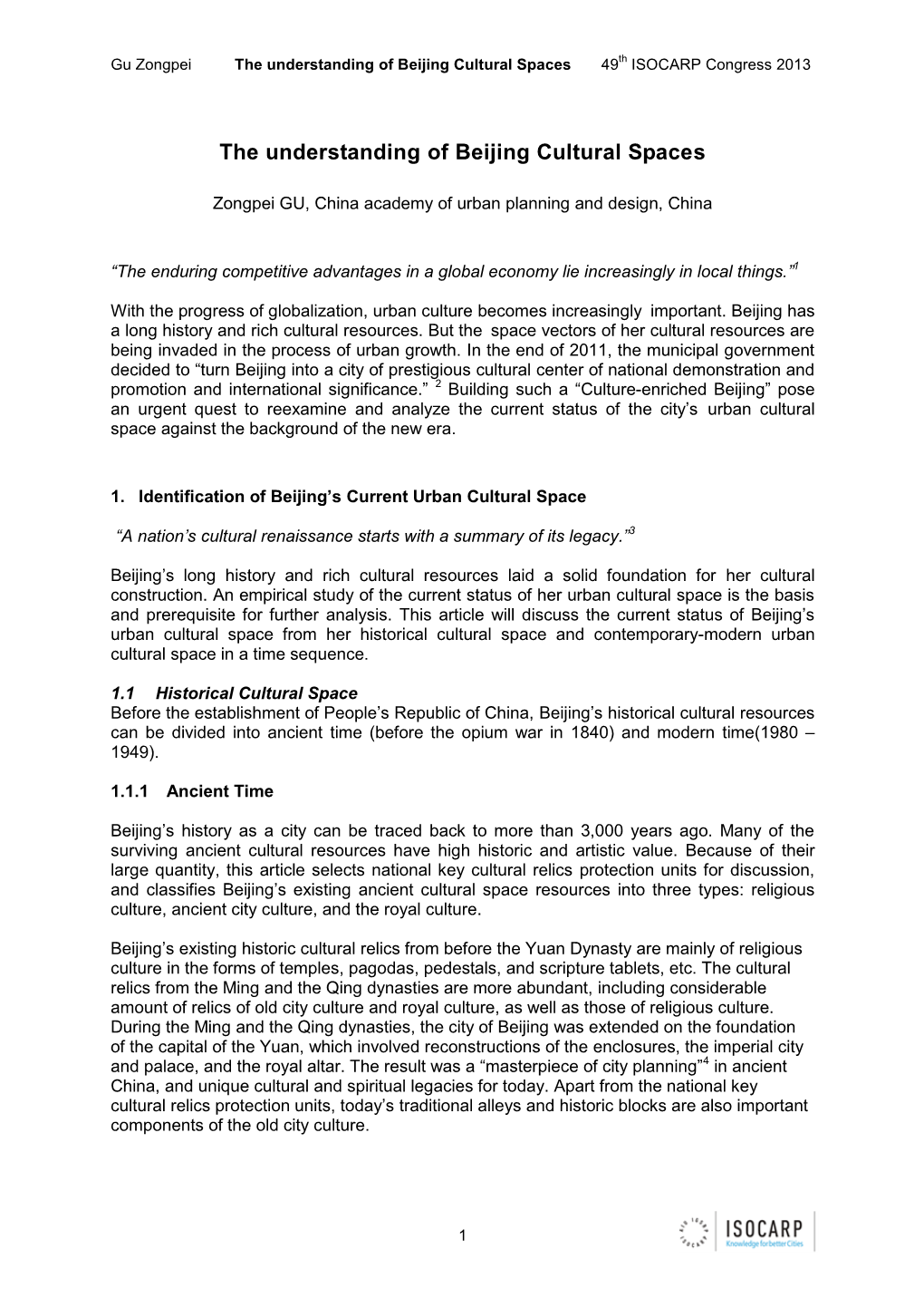 The Understanding of Beijing Cultural Spaces 49Th ISOCARP Congress 2013