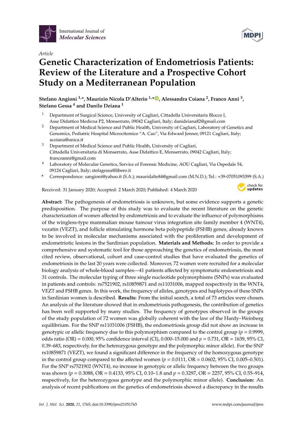 Genetic Characterization of Endometriosis Patients: Review of the Literature and a Prospective Cohort Study on a Mediterranean Population