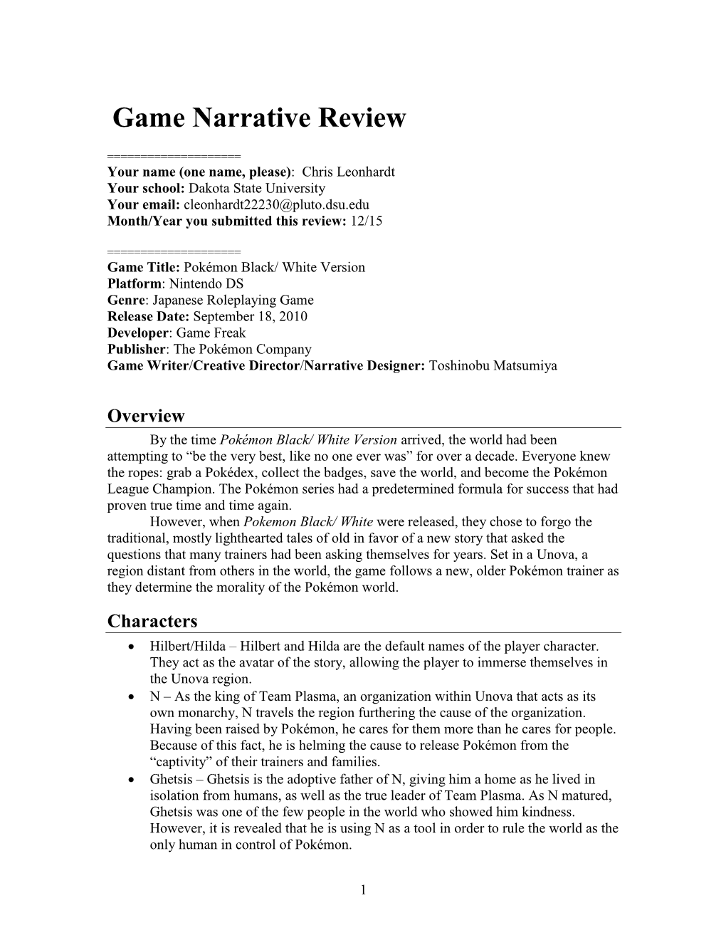 Game Narrative Review