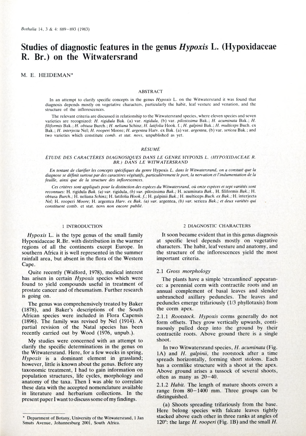 Studies of Diagnostic Features in the Genus Hypoxis L. (Hypoxidaceae R