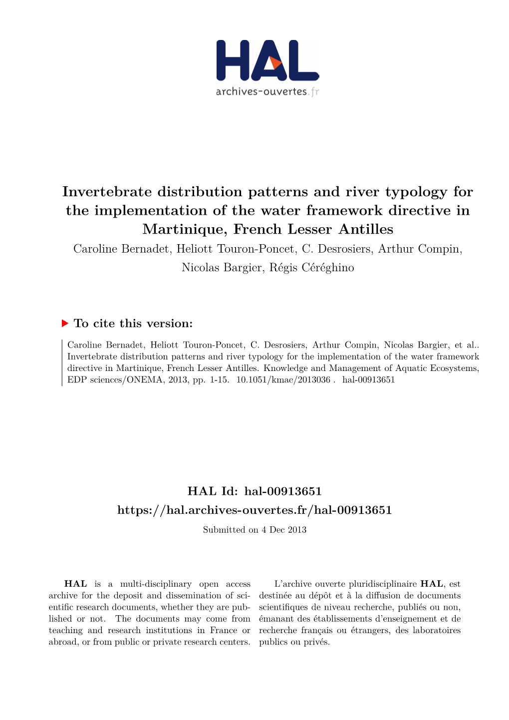 Invertebrate Distribution Patterns and River Typology for The