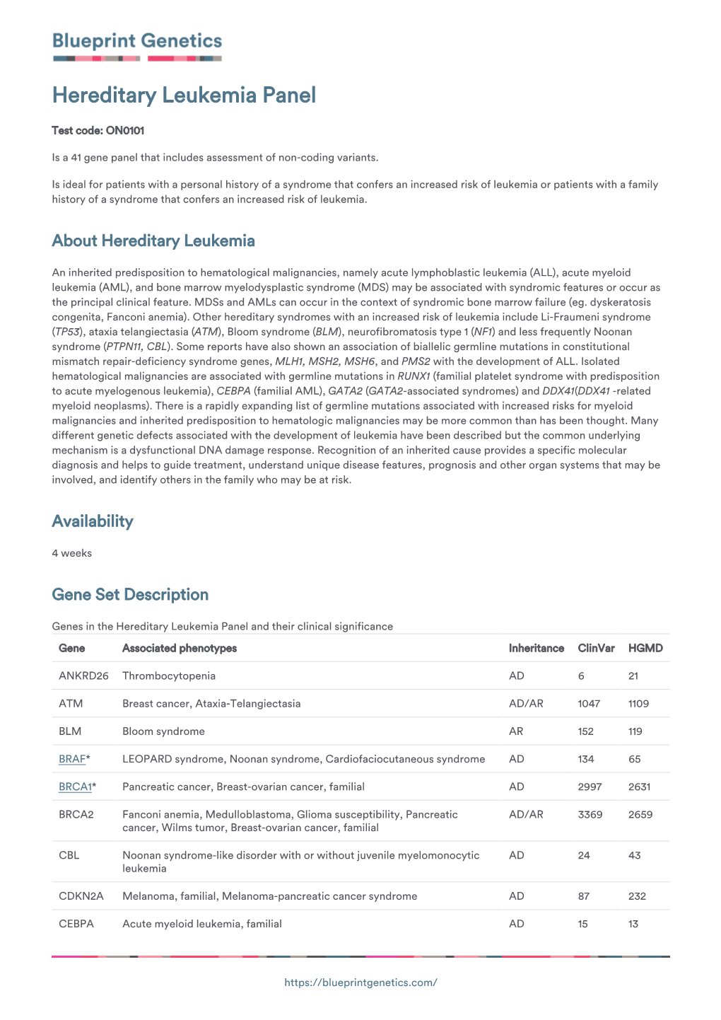 Blueprint Genetics Hereditary Leukemia Panel