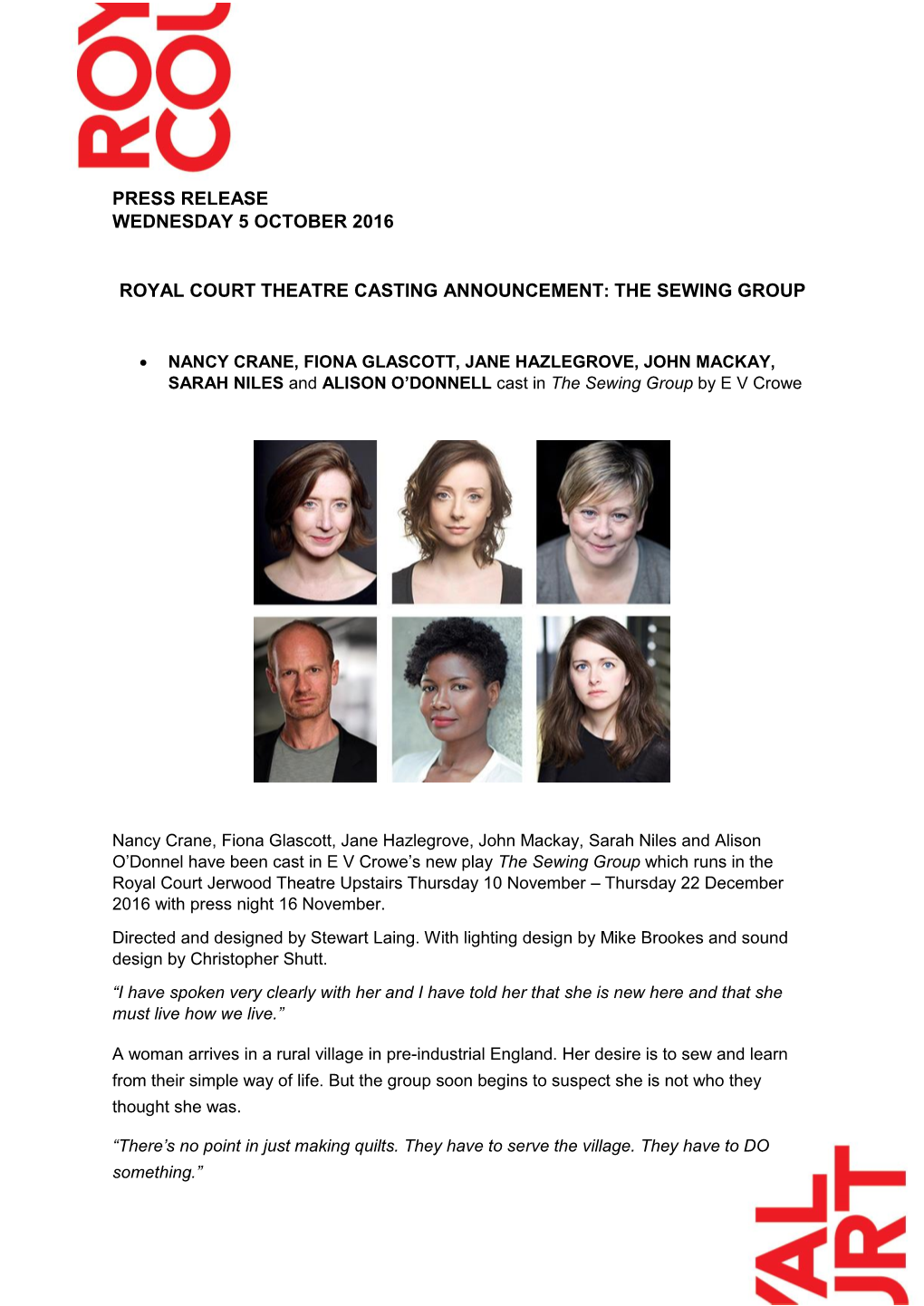 Press Release Wednesday 5 October 2016 Royal Court