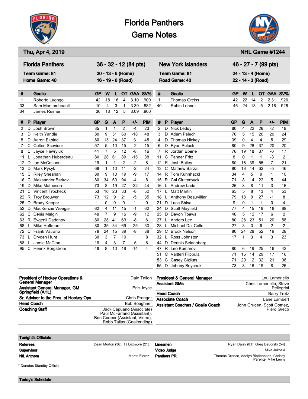 Florida Panthers Game Notes