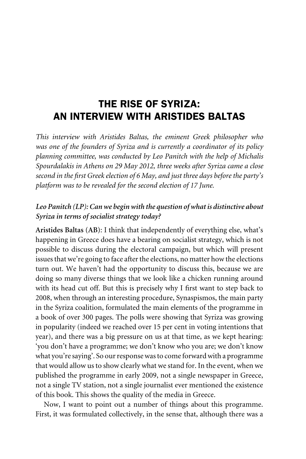 The Rise of Syriza: an Interview with Aristides Baltas