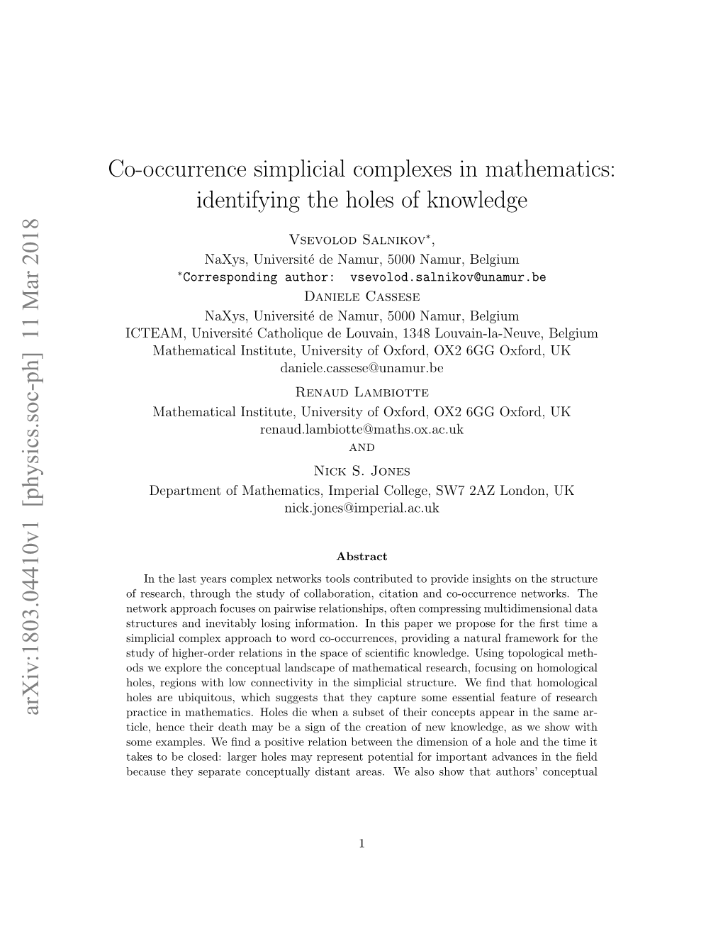 Co-Occurrence Simplicial Complexes in Mathematics: Identifying the Holes of Knowledge Arxiv:1803.04410V1 [Physics.Soc-Ph] 11 M