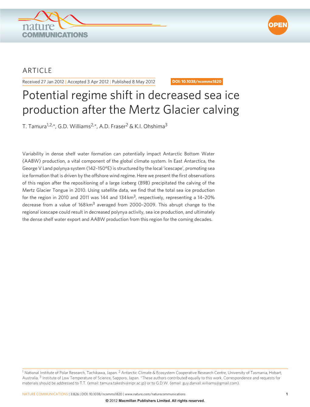 Potential Regime Shift in Decreased Sea Ice Production After the Mertz Glacier Calving