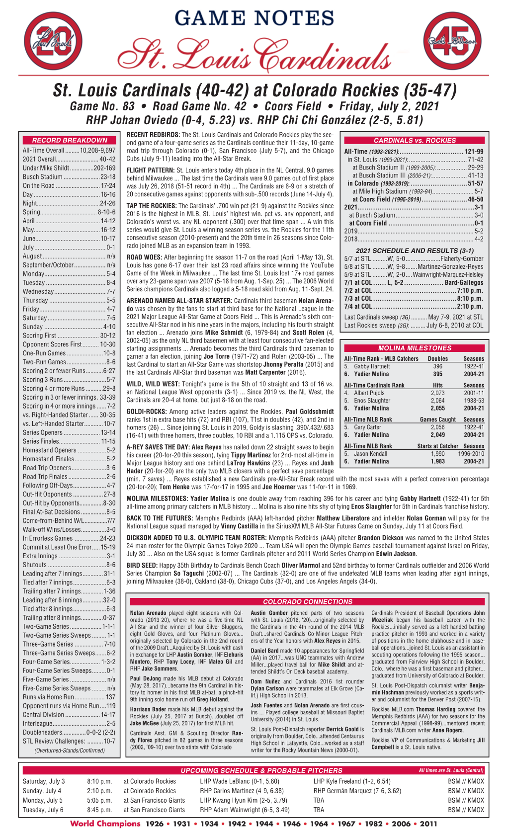 St. Louis Cardinals (40-42) at Colorado Rockies (35-47) Game No