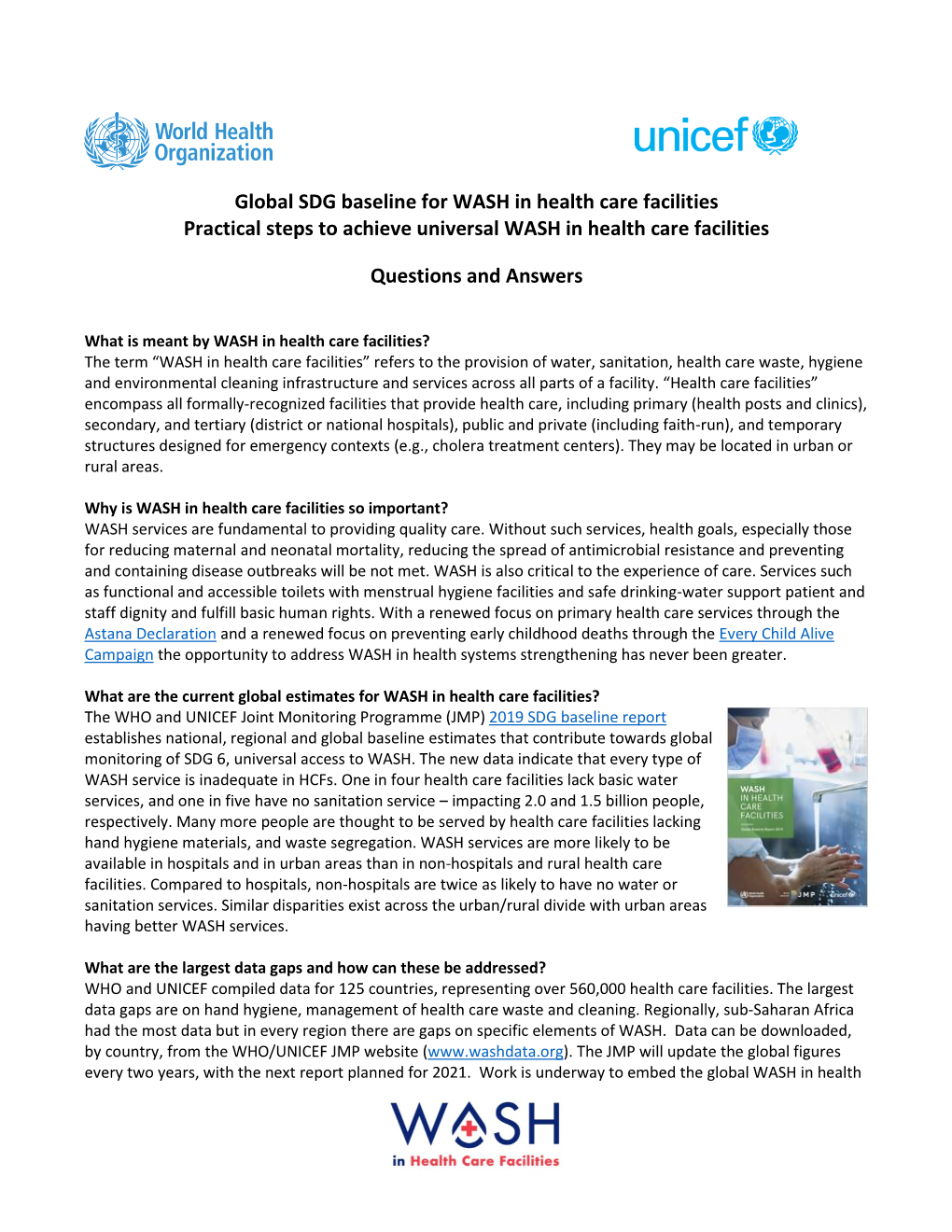 Global SDG Baseline for WASH in Health Care Facilities Practical Steps to Achieve Universal WASH in Health Care Facilities