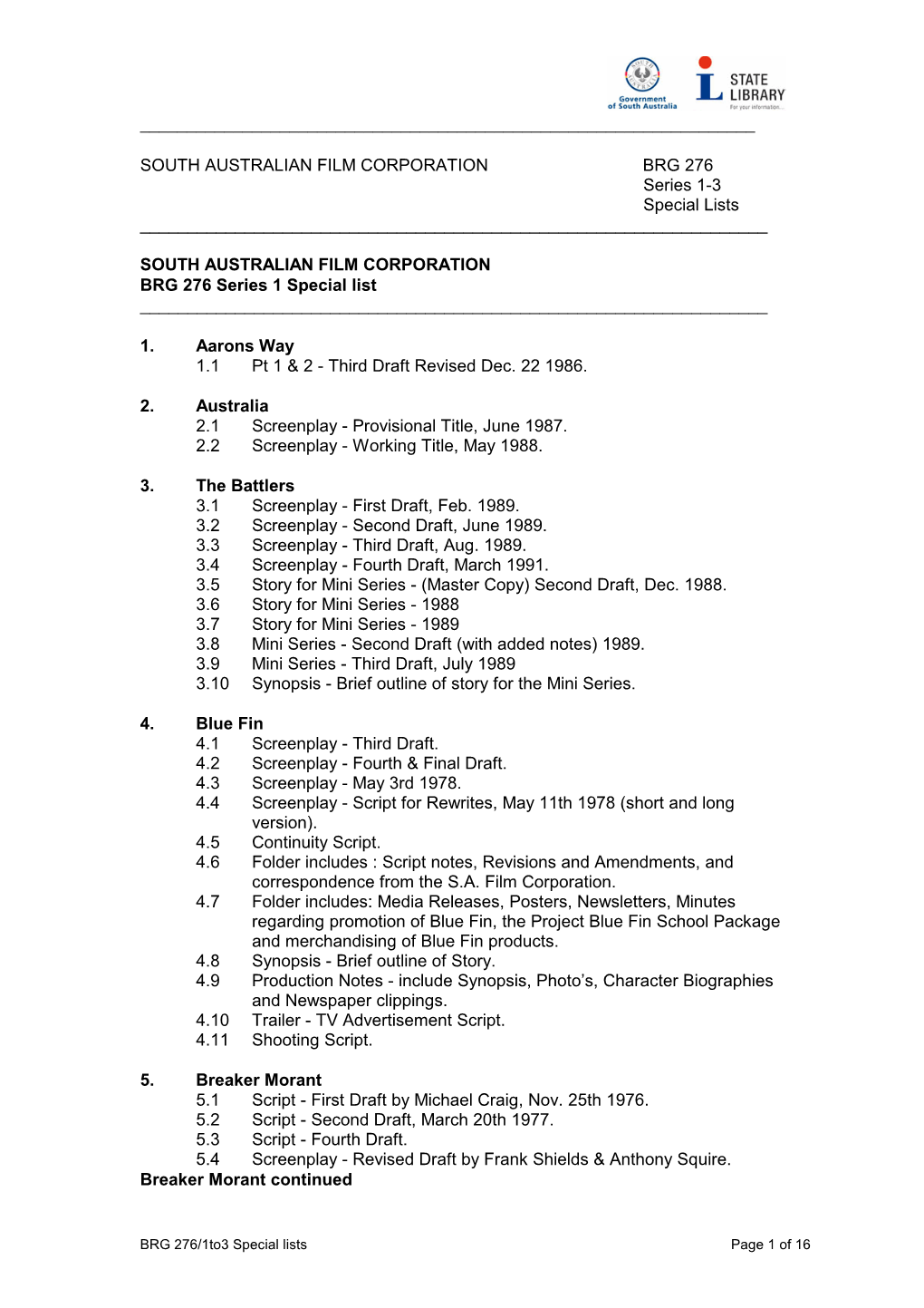 SOUTH AUSTRALIAN FILM CORPORATION BRG 276 Series 1-3 Special Lists ______