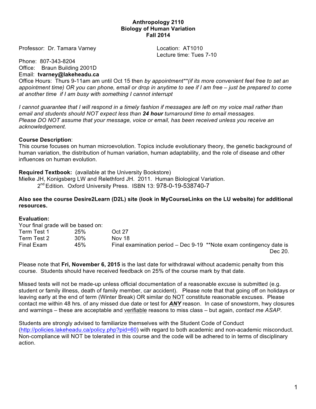 Biology of Human Variation Fall 2014