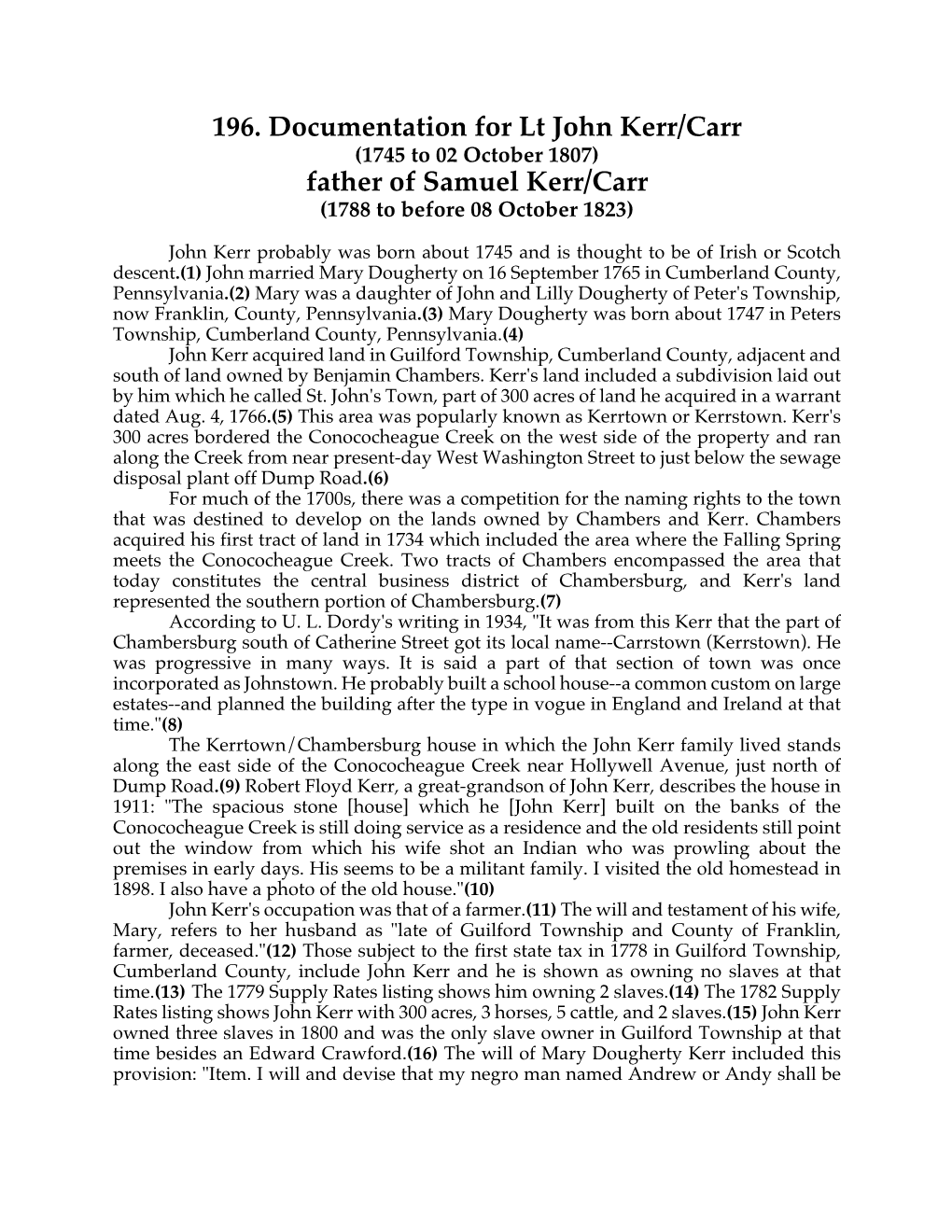 196. Documentation for Lt John Kerr/Carr Father of Samuel Kerr/Carr