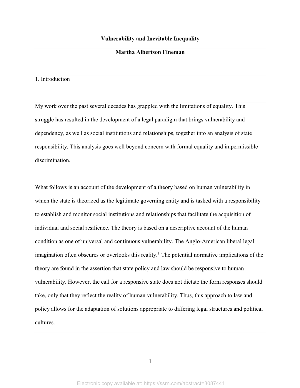 Vulnerability and Inevitable Inequality Martha Albertson Fineman 1