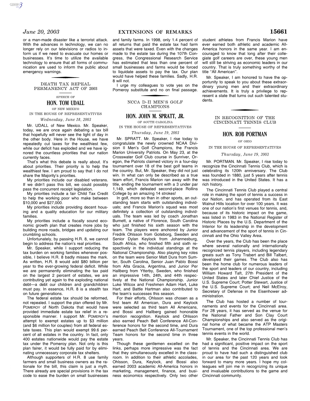 15661 Hon. Tom Udall Hon. John M. Spratt, Jr. Hon. Rob